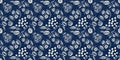 Masculine indigo floral blockprint linen seamless border. All over print of navy blue cotton effect flower linocut