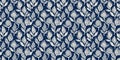 Masculine indigo floral blockprint linen seamless border. All over print of navy blue cotton effect flower linocut Royalty Free Stock Photo