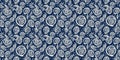 Masculine indigo floral blockprint linen seamless border. All over print of navy blue cotton effect flower linocut Royalty Free Stock Photo