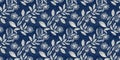 Masculine indigo floral blockprint linen seamless border. All over print of navy blue cotton effect flower linocut