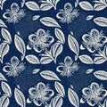 Masculine indigo floral blockprint linen seamless pattern. All over print of navy blue cotton effect flower linocut