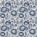 Masculine indigo floral blockprint linen seamless pattern. All over print of navy blue cotton effect flower linocut