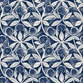 Masculine indigo floral blockprint linen seamless pattern. All over print of navy blue cotton effect flower linocut