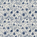 Masculine indigo floral blockprint linen seamless pattern. All over print of navy blue cotton effect flower linocut