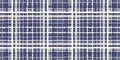 Masculine indigo tartan linen seamless border. All over print of navy blue lodge plain cotton plaid ribbon.