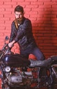 Masculine passion concept. Hipster, brutal biker on serious face in leather jacket gets on motorcycle. Man with beard