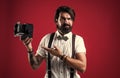 masculinity and charisma. retro photographing concept. old fashioned bearded hipster. reporter concept. brutal handsome