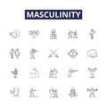 Masculinity line vector icons and signs. Strength, Toughness, Aggression, Courage, Competitiveness, Resilience, Provider