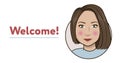 Welcome Sign. Friendly Woman character, person, smiling girl. Beautiful stylish girl. Illustration. Friendship concept. Post
