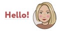 Hello, Hey, Hi Sign. Friendly Woman character, person, smiling blonde girl. Beautiful stylish girl. Illustration. Friendship Royalty Free Stock Photo