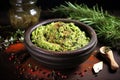 mashed avocado in a bowl with spices and herbs