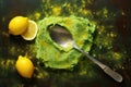 mashed avocado texture with a fork and lemon wedge