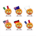 Mashed orange potatoes cartoon character bring the flags of various countries