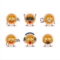 Mashed orange potatoes cartoon character are playing games with various cute emoticons