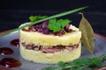 Mashed potato with beef, caramelized onion and cherry sauce Royalty Free Stock Photo