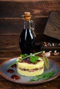 Mashed potato with beef, caramelized onion and cherry sauce Royalty Free Stock Photo