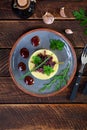 Mashed potato with beef, caramelized onion and cherry sauce Royalty Free Stock Photo