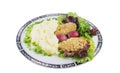 Mashed potato with chicken chops, radish, onion and salad