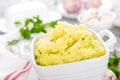 Mashed potato. Potato mash with garlic and parsley. Boiled potato. Potato puree Royalty Free Stock Photo