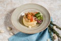 mashed potatoes, baked white fish, fresh sauce and tomatoes. restaurant menu Royalty Free Stock Photo