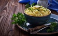 Mashed potatoes in blue bowl Royalty Free Stock Photo