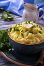 Mashed potatoes in blue bowl Royalty Free Stock Photo