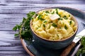 Mashed potatoes in blue bowl Royalty Free Stock Photo