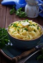 Mashed potatoes in blue bowl Royalty Free Stock Photo