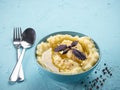 Mashed potatoes on blue concrete background Royalty Free Stock Photo