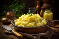 Mashed potatoes with butter, fresh herbs and milk in ceramic bowl on a wooden table, rustic background. Homemade creamy mashed Royalty Free Stock Photo
