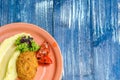 Mashed potatoes, chicken tomatoes and herbs on a red plate Royalty Free Stock Photo