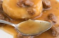 Mashed potatoes with gravy and beef tips with a spoon