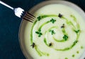 Mashed potatoes, with green butter, micro greenery, homemade, on a dark background, no people, top view,