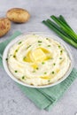 Mashed potatoes with melted butter and chopped green onions on a gray background. Irish mashed potatoes champ. Royalty Free Stock Photo