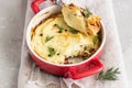 Mashed potatoes, mushrooms and seasonal vegetables casserole in baking dish. Vegetarian shepherd`s pie