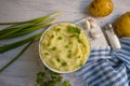 Mashed potatoes  recipe melted food on old wooden background Royalty Free Stock Photo