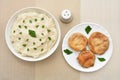 Mashed potatoes with parsley and fried slices of zucchini Royalty Free Stock Photo