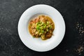 Mashed potatoes with veal sauce and meat on a plate. Royalty Free Stock Photo