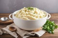 Mashed Potatoes In White Bowl On Wooden Rustic Table