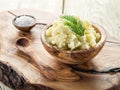 Mashed potatoes in the wooden bowl. Royalty Free Stock Photo