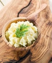 Mashed potatoes in the wooden bowl. Royalty Free Stock Photo