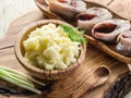 Mashed potatoes in the wooden bowl. Royalty Free Stock Photo