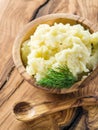 Mashed potatoes in the wooden bowl. Royalty Free Stock Photo