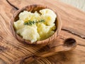 Mashed potatoes in the wooden bowl. Royalty Free Stock Photo