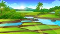 Rice field Terraces with a river flowing in the middle, and beautiful mountain background Royalty Free Stock Photo