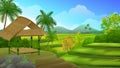 Bamboo hut on the hill with Paddy rice field terrace and mountain, beautiful rural farming landscape