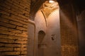 Masjed-e Jameh Mosque Ceiling with Roof Circle Window and Muqarna. Beautiful oldest iranian mosque dome interior design