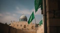 Masjid Al-Aqsa standing tall in the heart of the Old City of Jerusalem, the Palestinian flag gently waving in the breeze, a serene