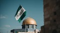 Masjid Al-Aqsa standing tall in the heart of the Old City of Jerusalem, the Palestinian flag gently waving in the breeze, a serene