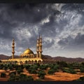 Mosque in the desert with blue sky and white clouds, 3d rendering